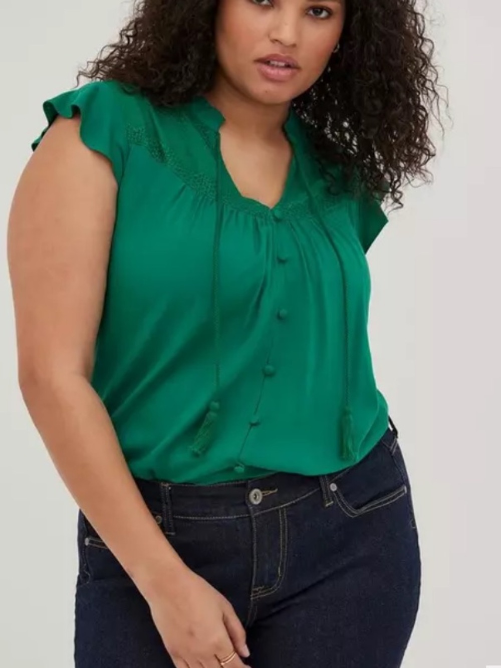 torrid Emerald Green Flutter Sleeve Button-Front Top Rayon Crochet Detail Sz. 1X